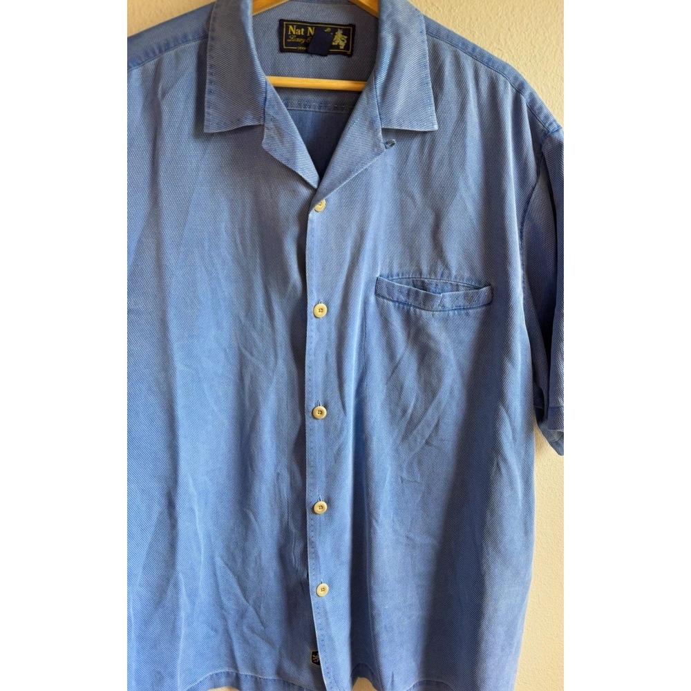 Nat Nast Mens L Blue Geometric Silk Cotton Short Sleeve Button Up Shirt Pocket